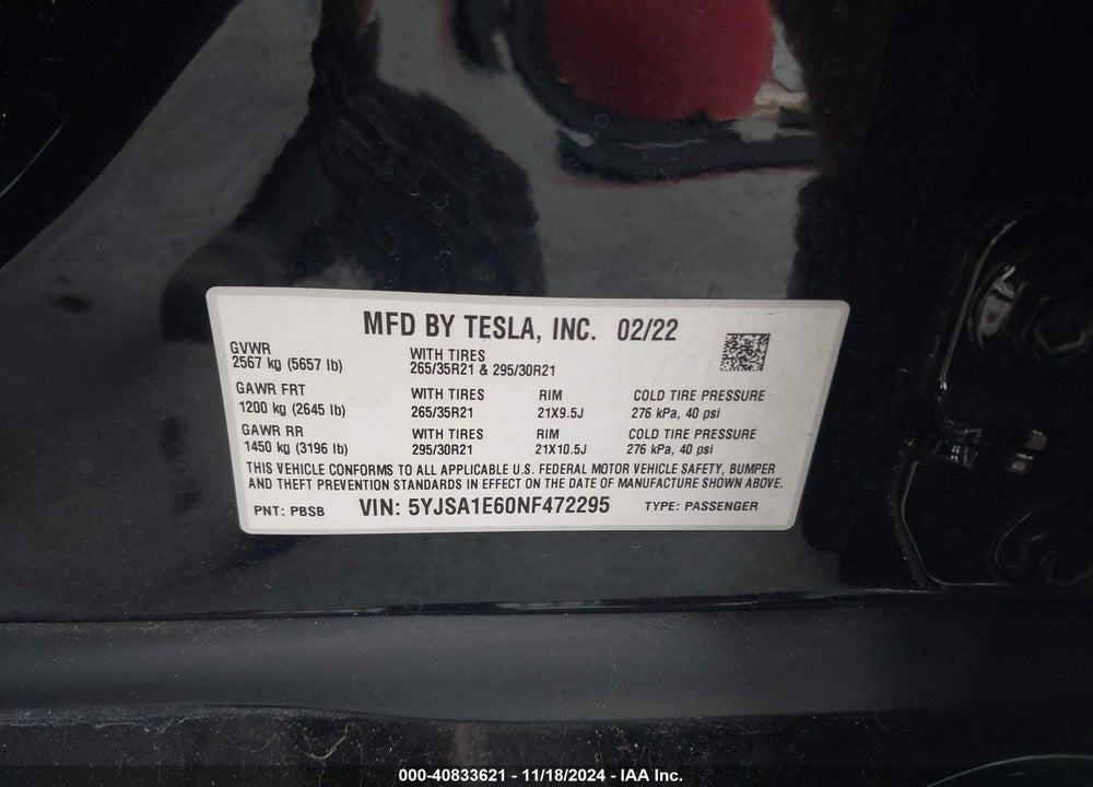 2022 TESLA MODEL S PLAID TRI MOTOR ALL-WHEEL DRIVE VIN: 5YJSA1E60NF472295