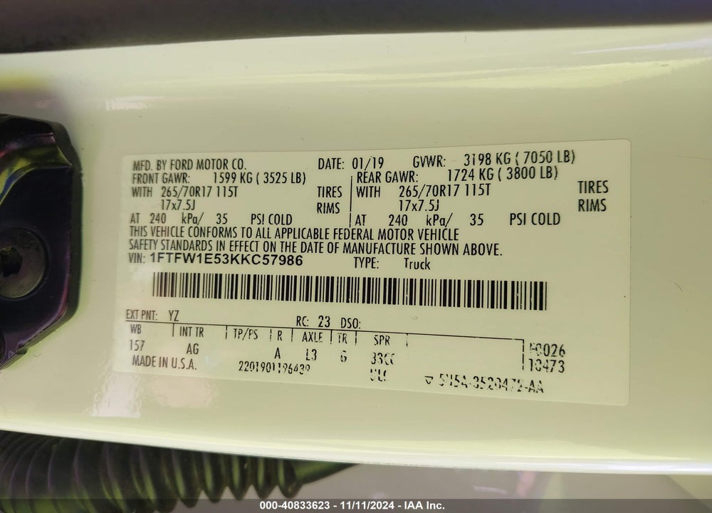 2019 FORD F-150 VIN: 1FTFW1E53KKC57986
