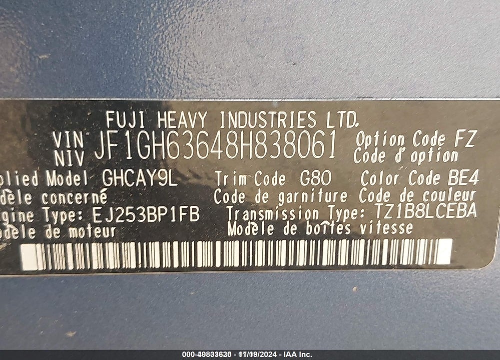 2008 SUBARU IMPREZA OUTBACK SPORT VIN: JF1GH63648H838061