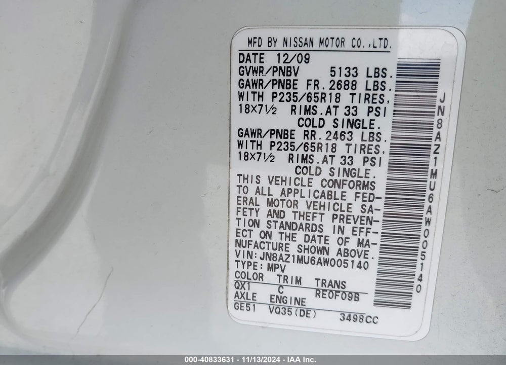 2010 NISSAN MURANO SL VIN: JN8AZ1MU6AW005140