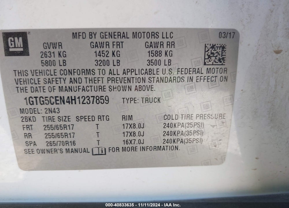 2017 GMC CANYON SLE VIN: 1GTG5CEN4H1237859