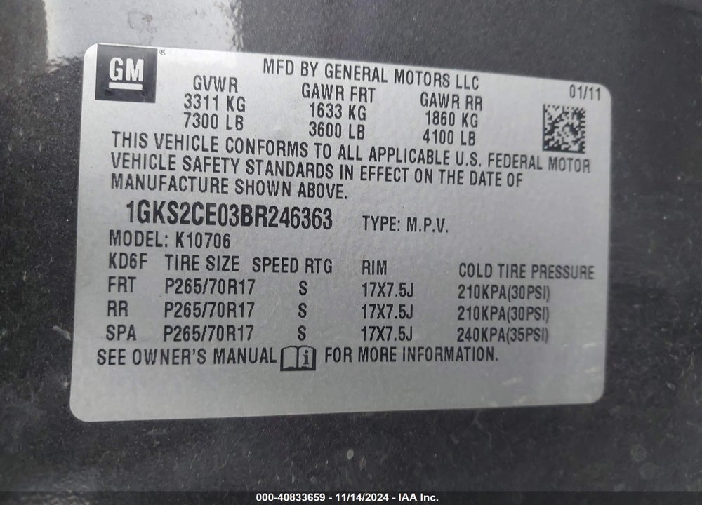 2011 GMC YUKON VIN: 1GKS2CE03BR246363