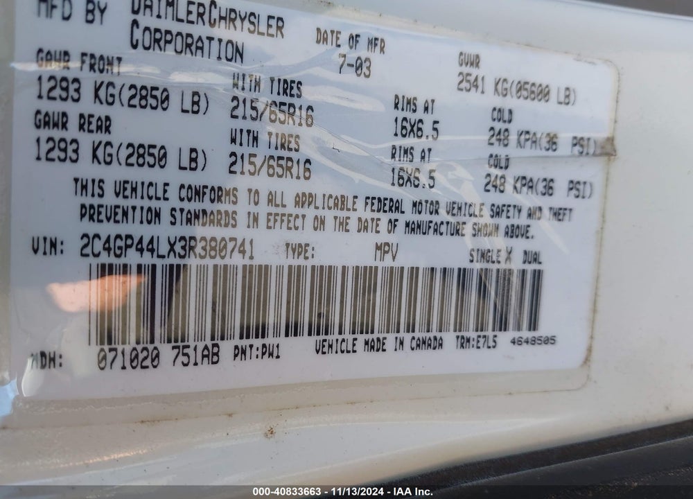 2003 CHRYSLER TOWN & COUNTRY LX VIN: 2C4GP44LX3R380741