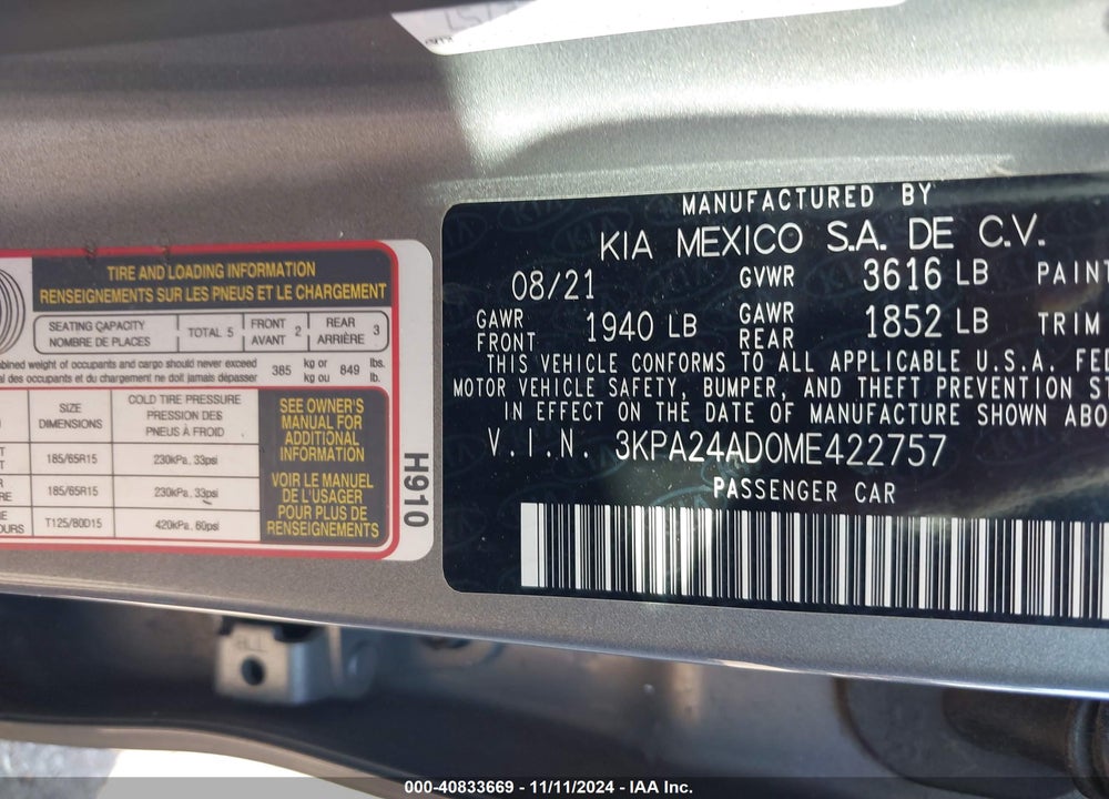 2021 KIA RIO S VIN: 3KPA24AD0ME422757