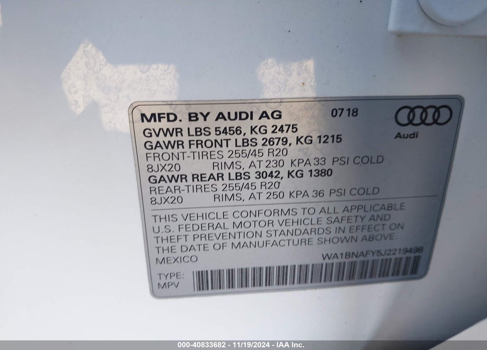 2018 AUDI Q5 2.0T PREMIUM/2.0T TECH PREMIUM VIN: WA1BNAFY5J2219498