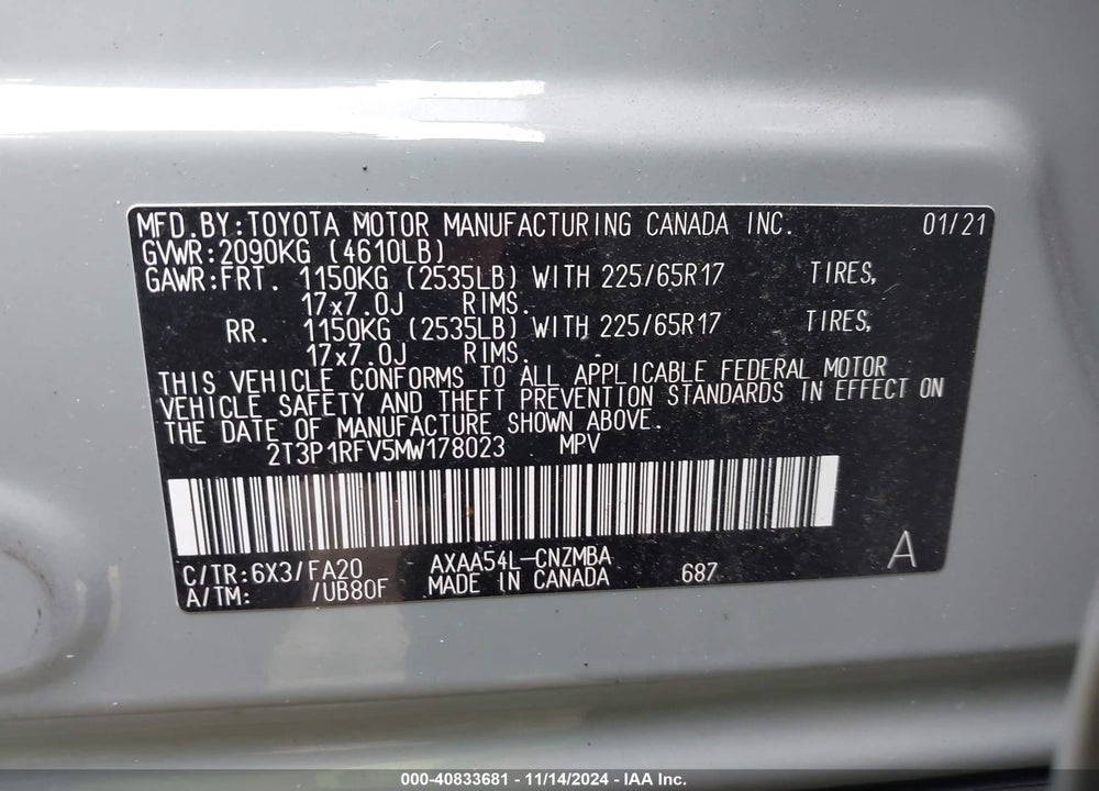 2021 TOYOTA RAV4 XLE VIN: 2T3P1RFV5MW178023