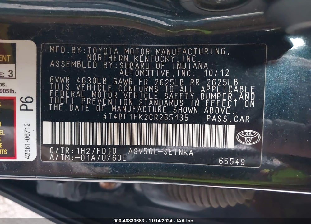2012 TOYOTA CAMRY LE VIN: 4T4BF1FK2CR265135