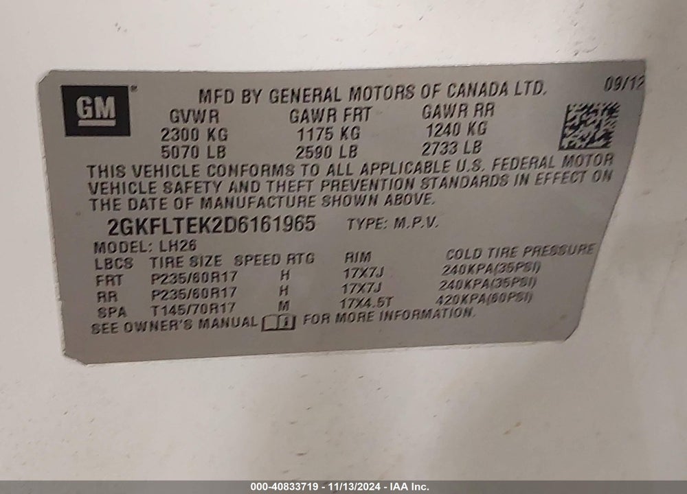 2013 GMC TERRAIN SLE-2 VIN: 2GKFLTEK2D6161965