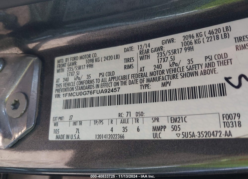 2015 FORD ESCAPE SE VIN: 1FMCU0G76FUA92457