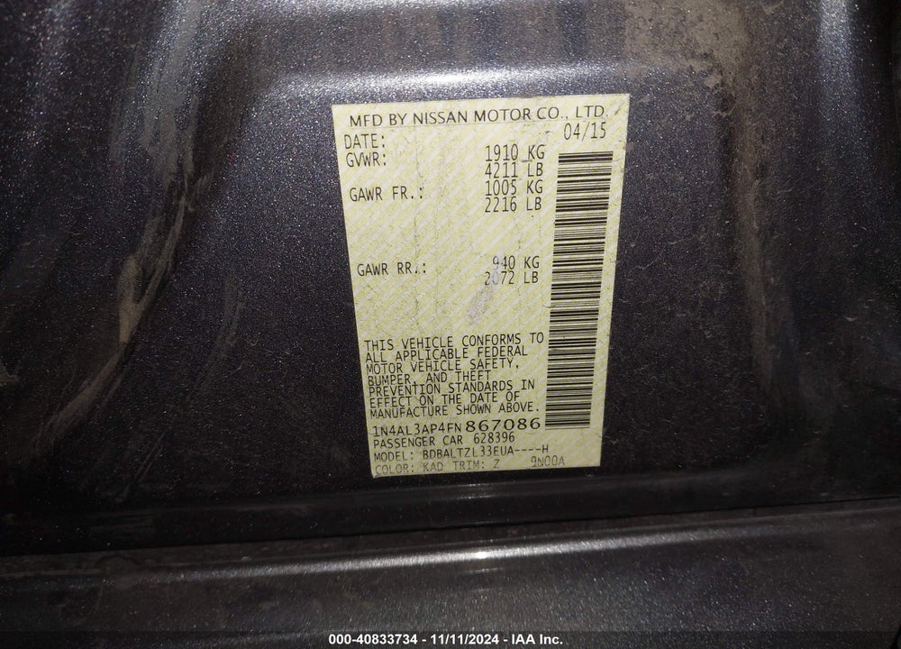 2015 NISSAN ALTIMA 2.5 SL VIN: 1N4AL3AP4FN867086