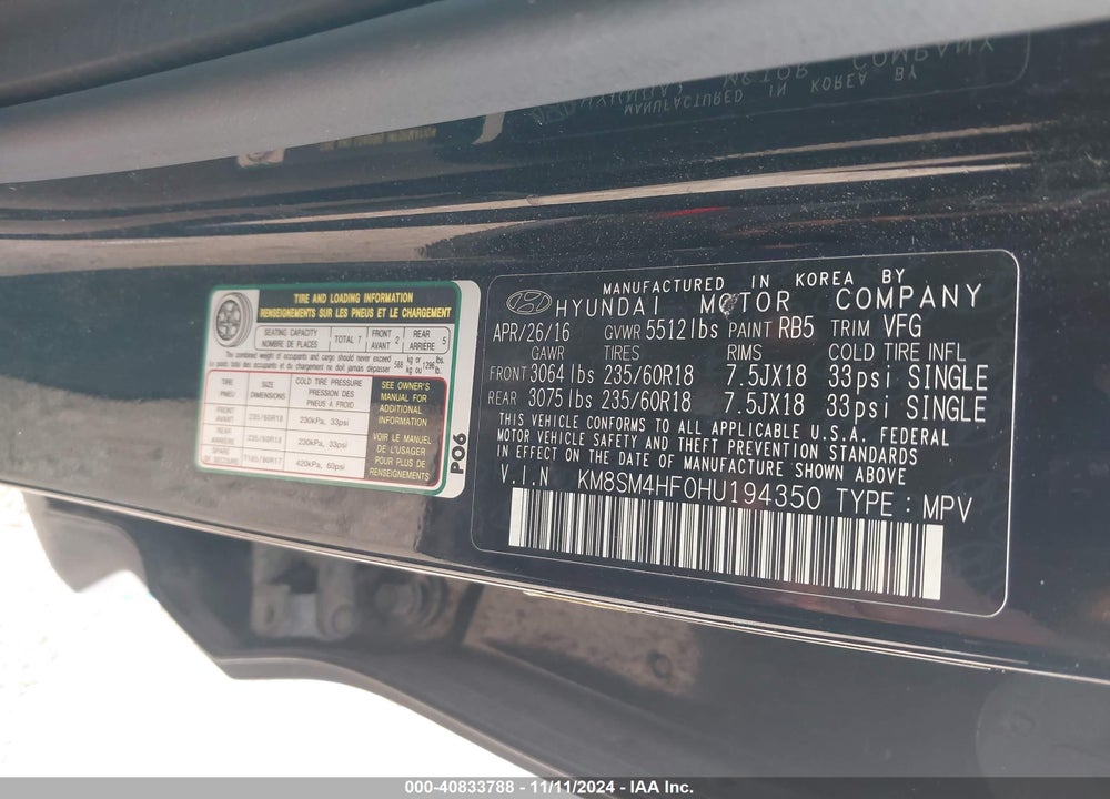 2017 HYUNDAI SANTA FE SE VIN: KM8SM4HF0HU194350