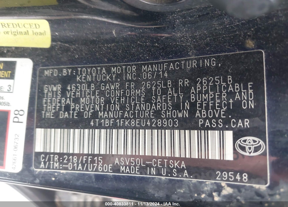 2014 TOYOTA CAMRY SE SPORT VIN: 4T1BF1FK8EU428903