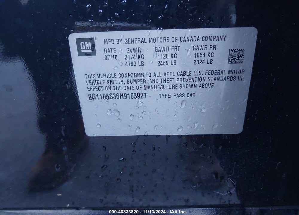 2017 CHEVROLET IMPALA 1LT VIN: 2G1105S36H9103927