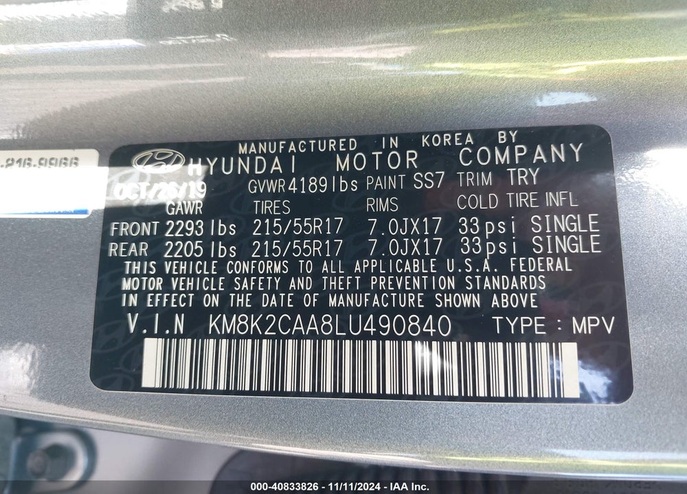 2020 HYUNDAI KONA SEL VIN: KM8K2CAA8LU490840