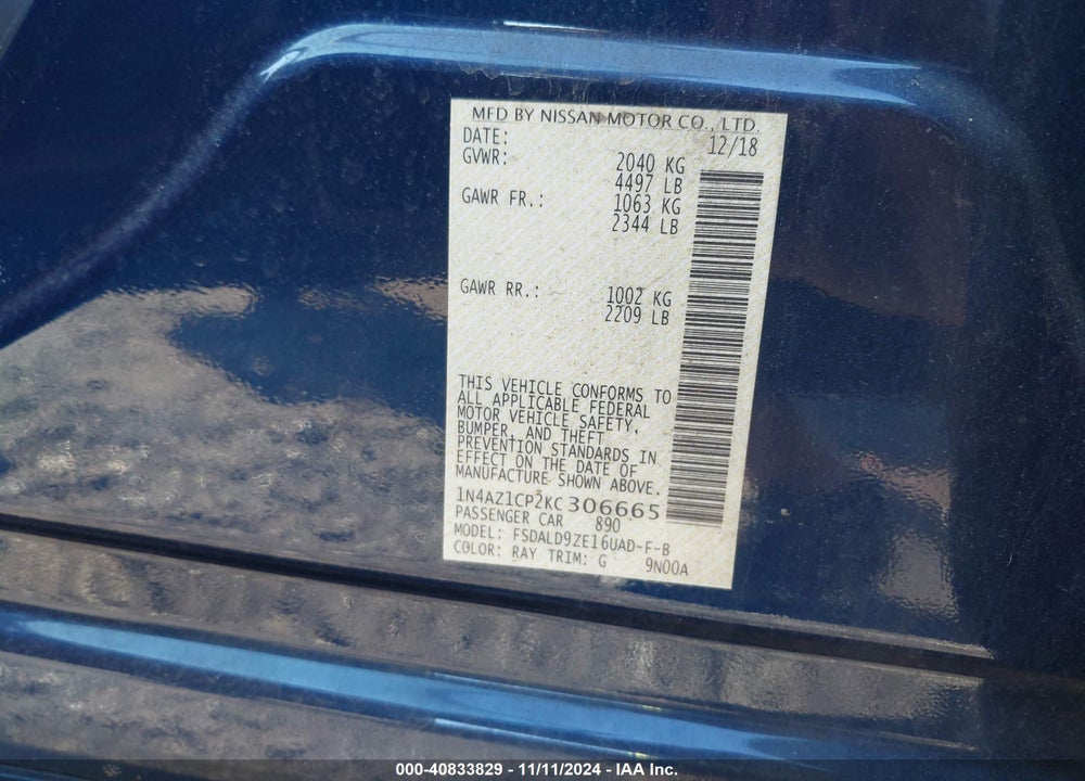 2019 NISSAN LEAF SV VIN: 1N4AZ1CP2KC306665
