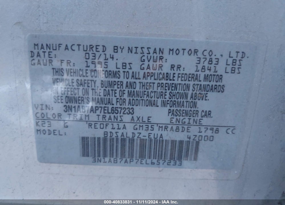 2014 NISSAN SENTRA SV VIN: 3N1AB7AP7EL657233