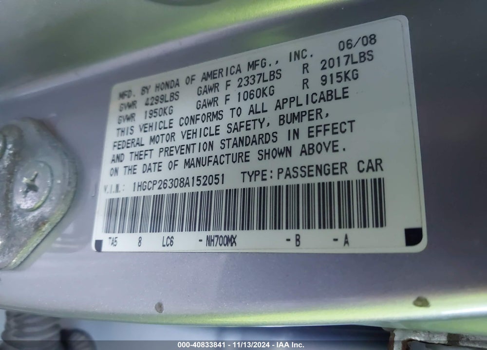 2008 HONDA ACCORD 2.4 LX VIN: 1HGCP26308A152051