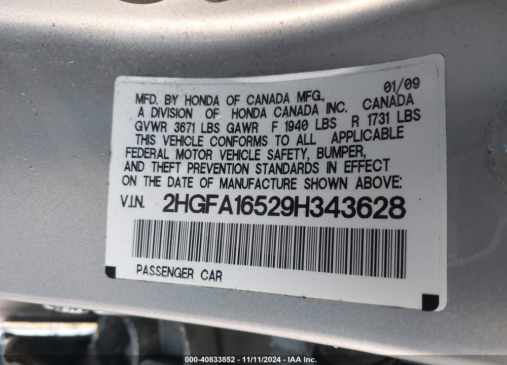 2009 HONDA CIVIC LX VIN: 2HGFA16529H343628