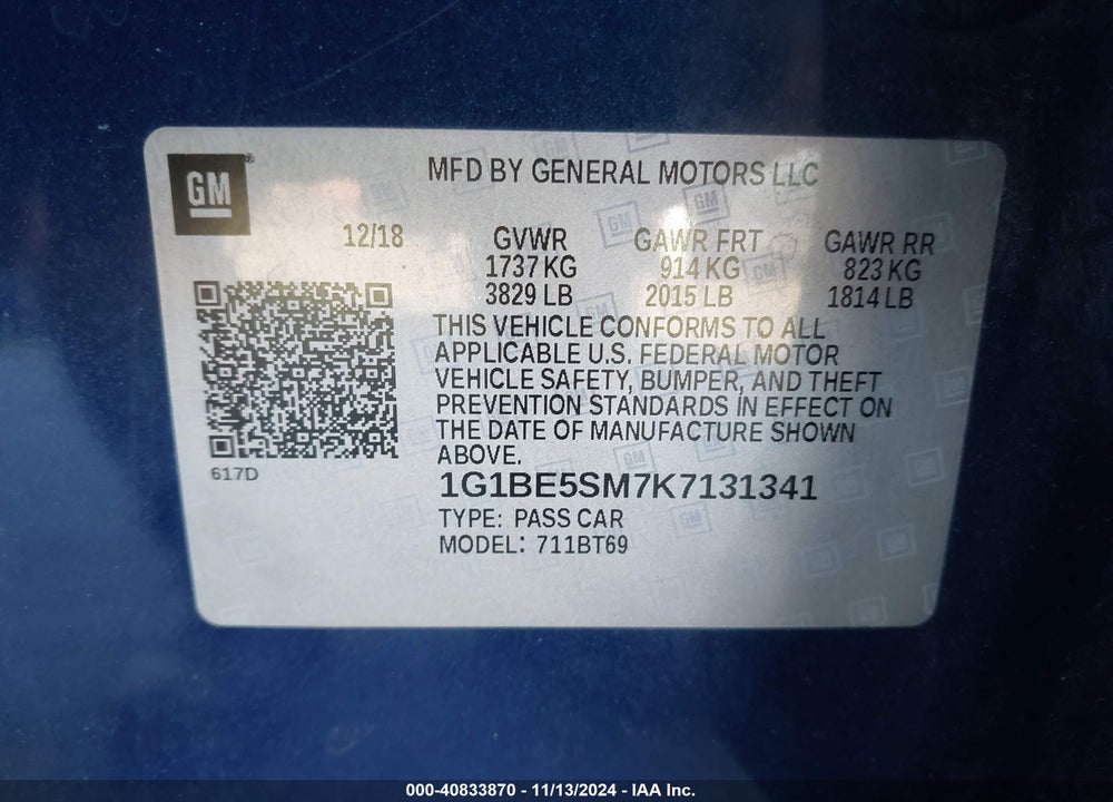 2019 CHEVROLET CRUZE LT VIN: 1G1BE5SM7K7131341