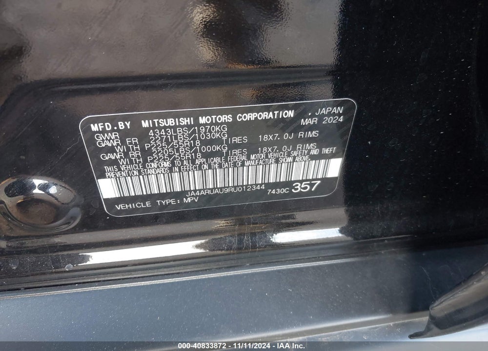 2024 MITSUBISHI OUTLANDER SPORT 2.0 ES /2.0 LE /2.0 RALLIART /2.0 S /2.0 SE /2.0 TRAIL EDITION /ES/LE/RALLIART/S/SE/TRAIL EDITION VIN: JA4ARUAU9RU012344