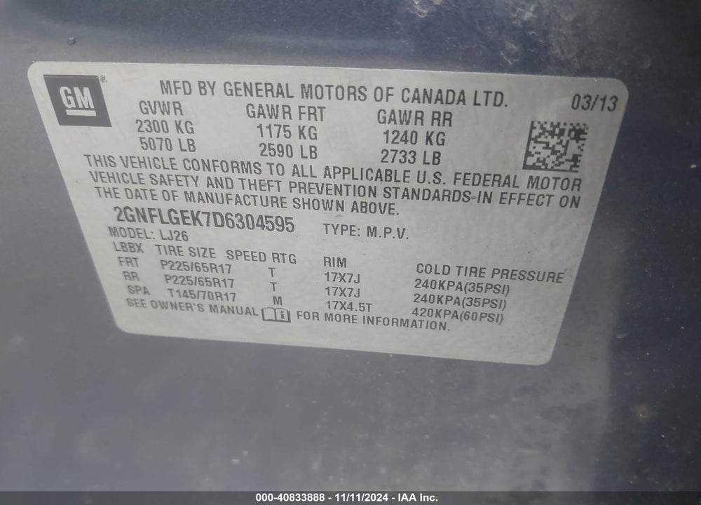 2013 CHEVROLET EQUINOX LTZ VIN: 2GNFLGEK7D6304595