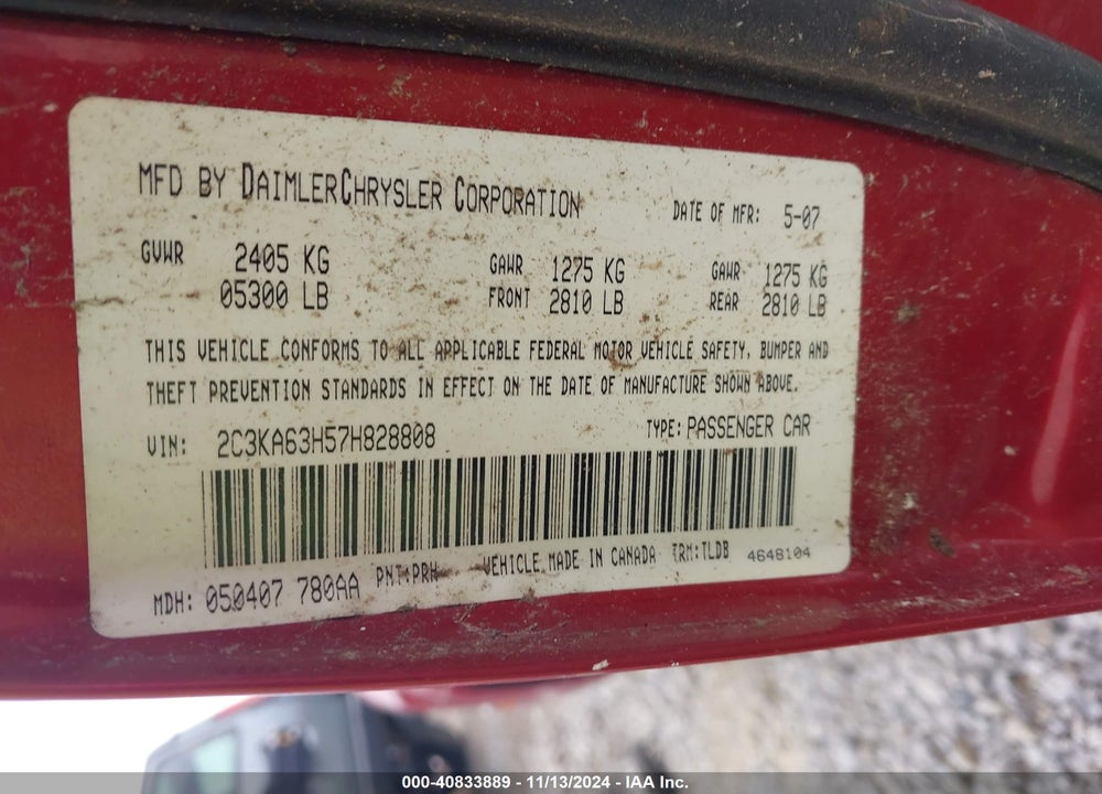 2007 CHRYSLER 300C VIN: 2C3KA63H57H828808