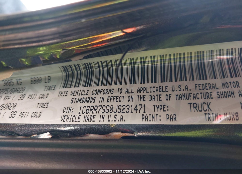 2018 RAM 1500 BIG HORN 4X4 6'4 BOX VIN: 1C6RR7GG0JS231471