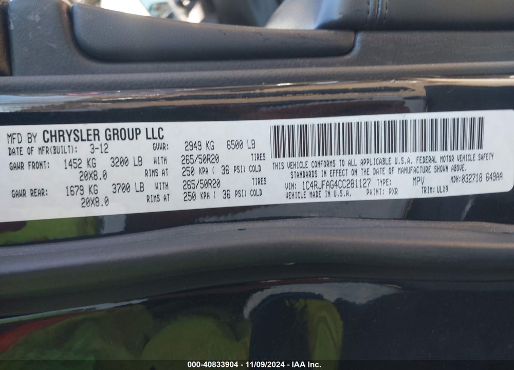 2012 JEEP GRAND CHEROKEE LAREDO VIN: 1C4RJFAG4CC281127