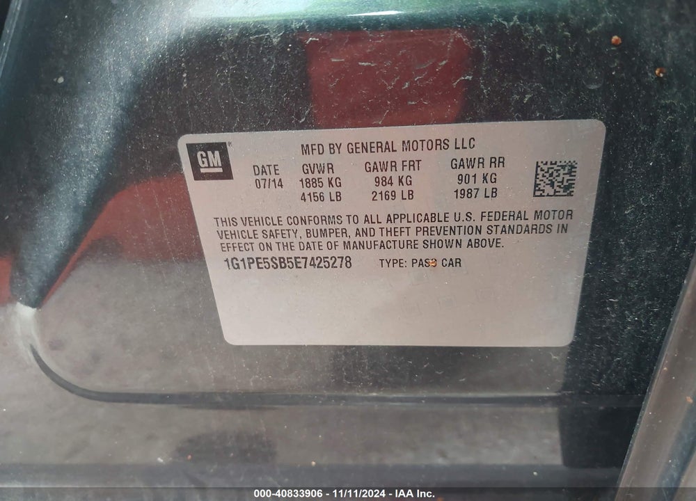 2014 CHEVROLET CRUZE 2LT AUTO VIN: 1G1PE5SB5E7425278