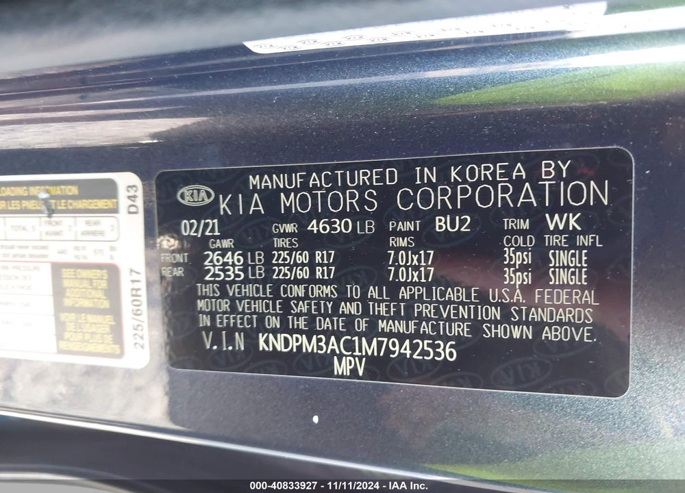 2021 KIA SPORTAGE LX VIN: KNDPM3AC1M7942536