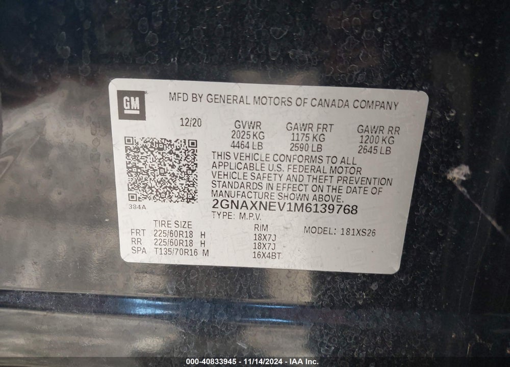 2021 CHEVROLET EQUINOX FWD PREMIER VIN: 2GNAXNEV1M6139768