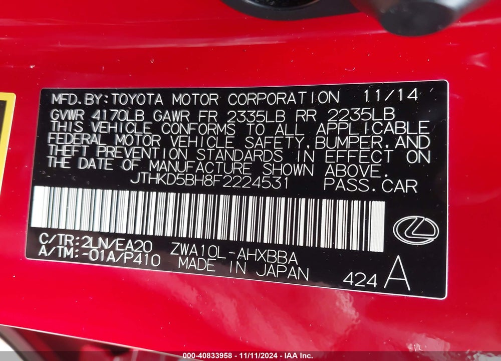 2015 LEXUS CT 200H VIN: JTHKD5BH8F2224531