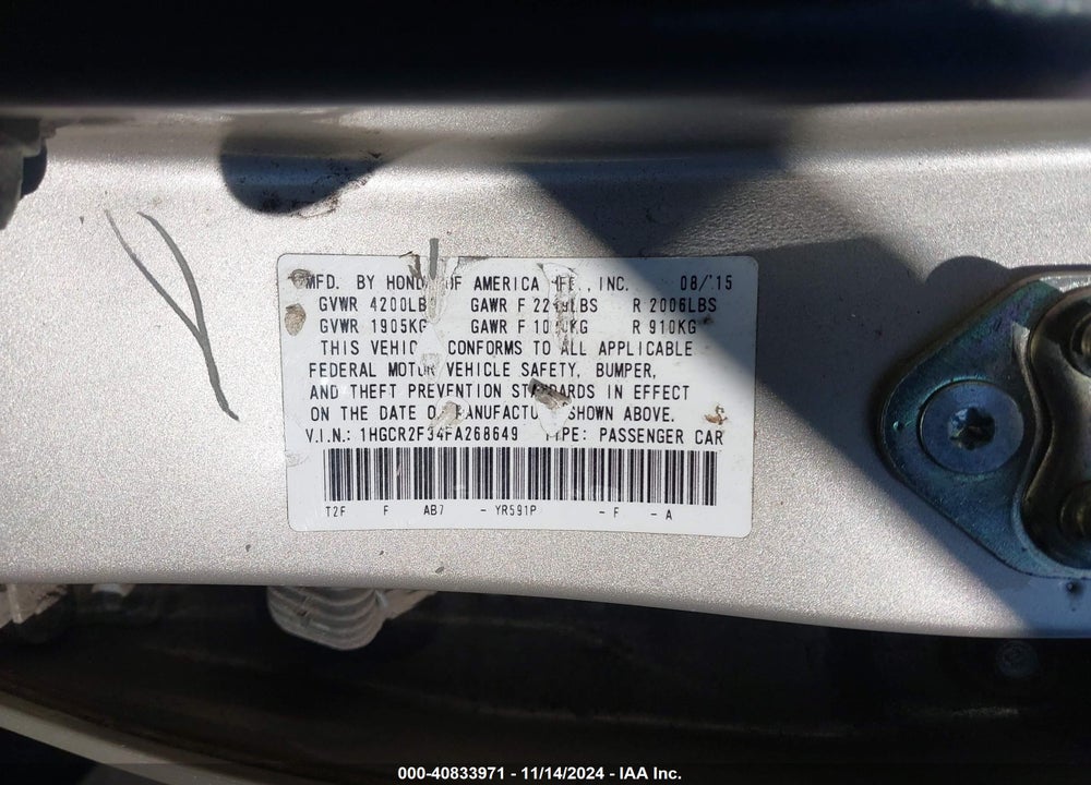 2015 HONDA ACCORD LX VIN: 1HGCR2F34FA268649