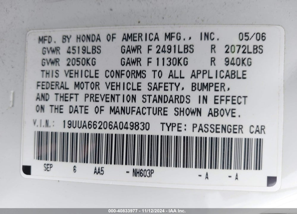 2006 ACURA TL VIN: 19UUA66206A049830