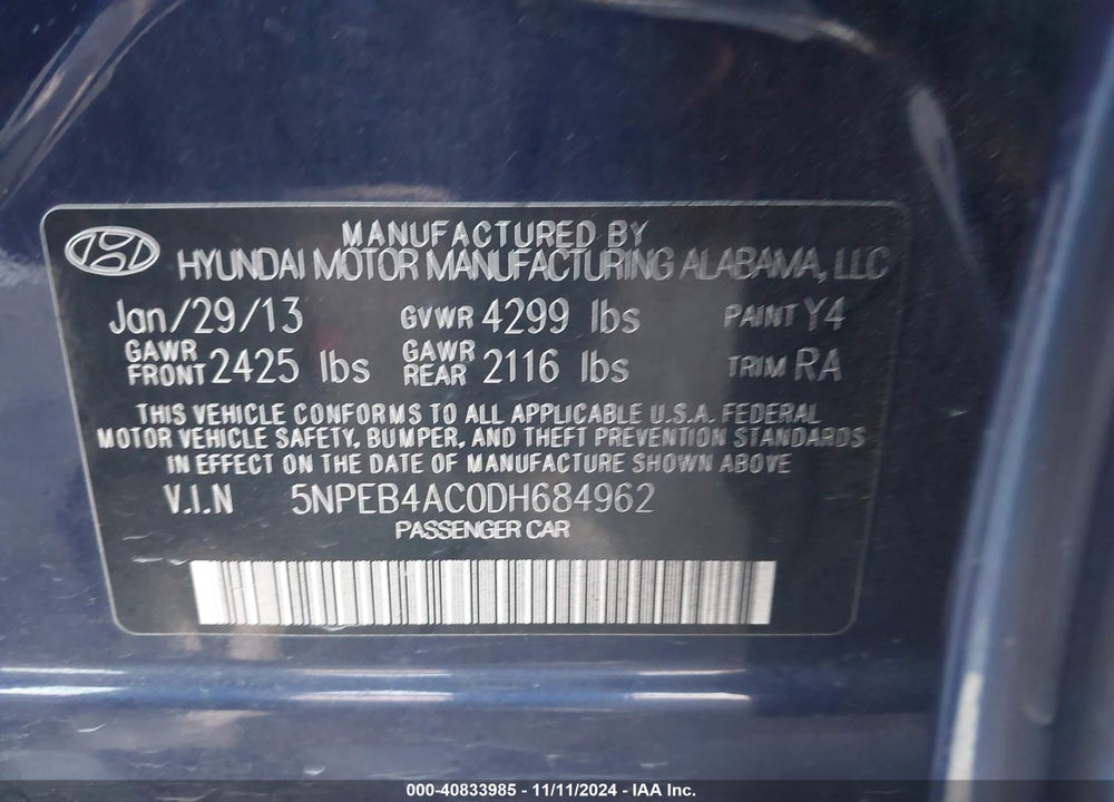 2013 HYUNDAI SONATA GLS VIN: 5NPEB4AC0DH684962