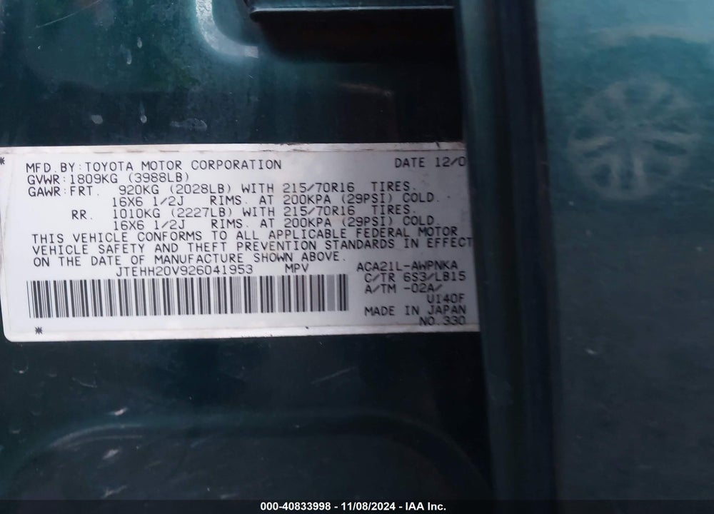 2002 TOYOTA RAV4 VIN: JTEHH20V926041953