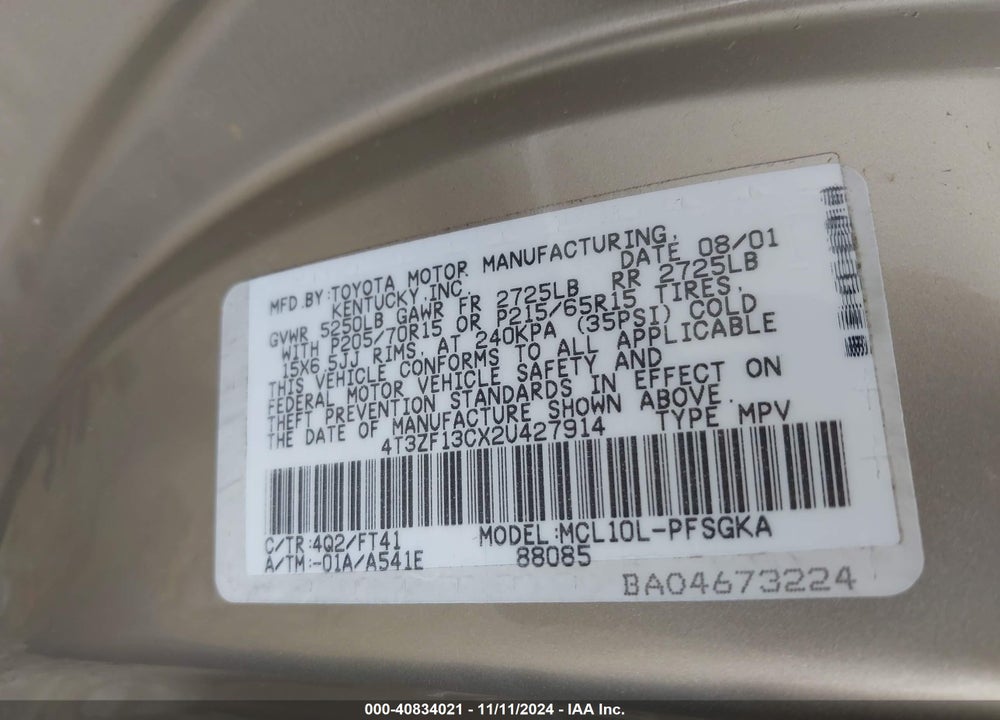 2002 TOYOTA SIENNA VIN: 4T3ZF13CX2U427914