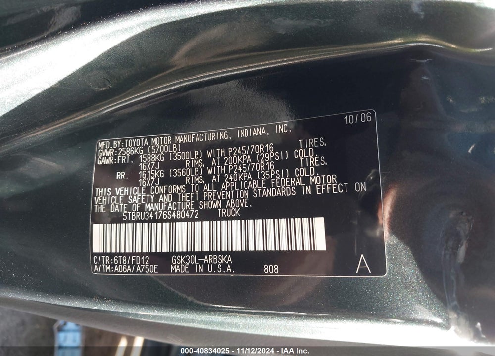 2006 TOYOTA TUNDRA SR5 VIN: 5TBRU34176S480472