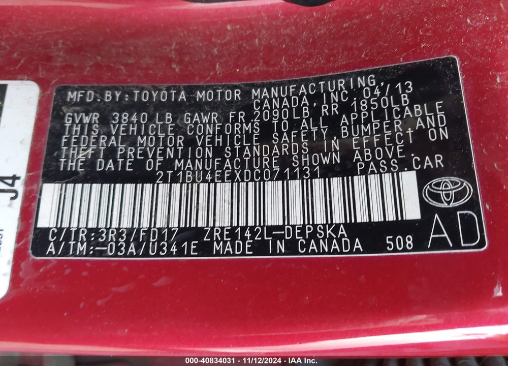 2013 TOYOTA COROLLA S VIN: 2T1BU4EEXDC071131