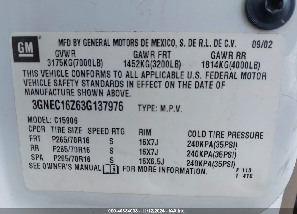 2003 CHEVROLET SUBURBAN 1500 LS VIN: 3GNEC16Z63G137976