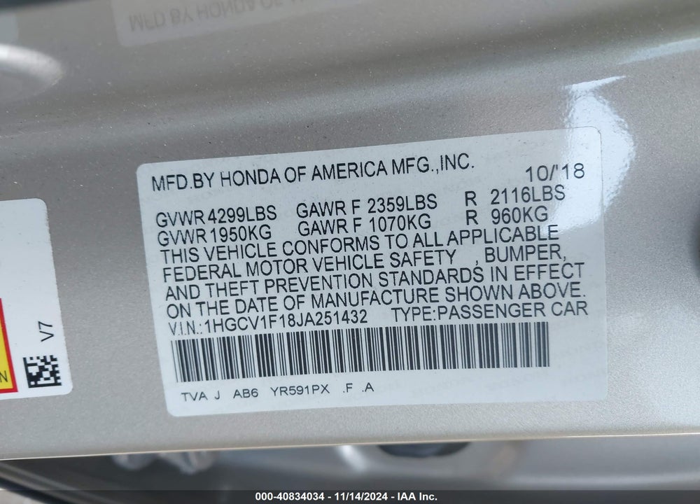 2018 HONDA ACCORD LX VIN: 1HGCV1F18JA251432