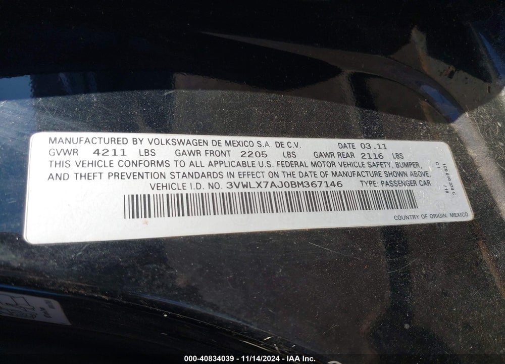 2011 VOLKSWAGEN JETTA 2.5L SEL VIN: 3VWLX7AJ0BM367146