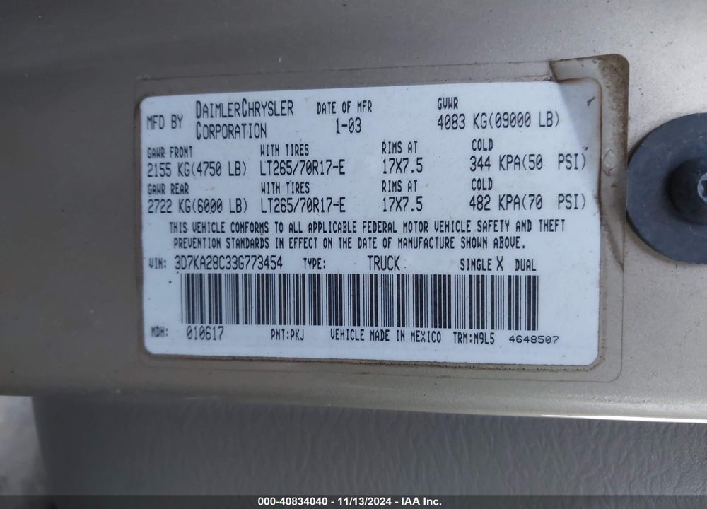 2003 DODGE RAM 2500 SLT/LARAMIE/ST VIN: 3D7KA28C33G773454