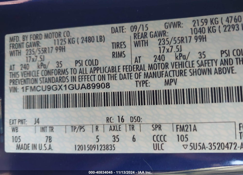 2016 FORD ESCAPE SE VIN: 1FMCU9GX1GUA89908