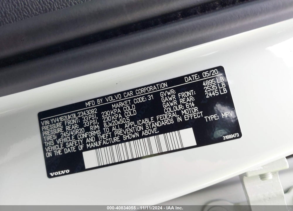 2020 VOLVO XC40 T5 MOMENTUM VIN: YV4162UK9L2343082