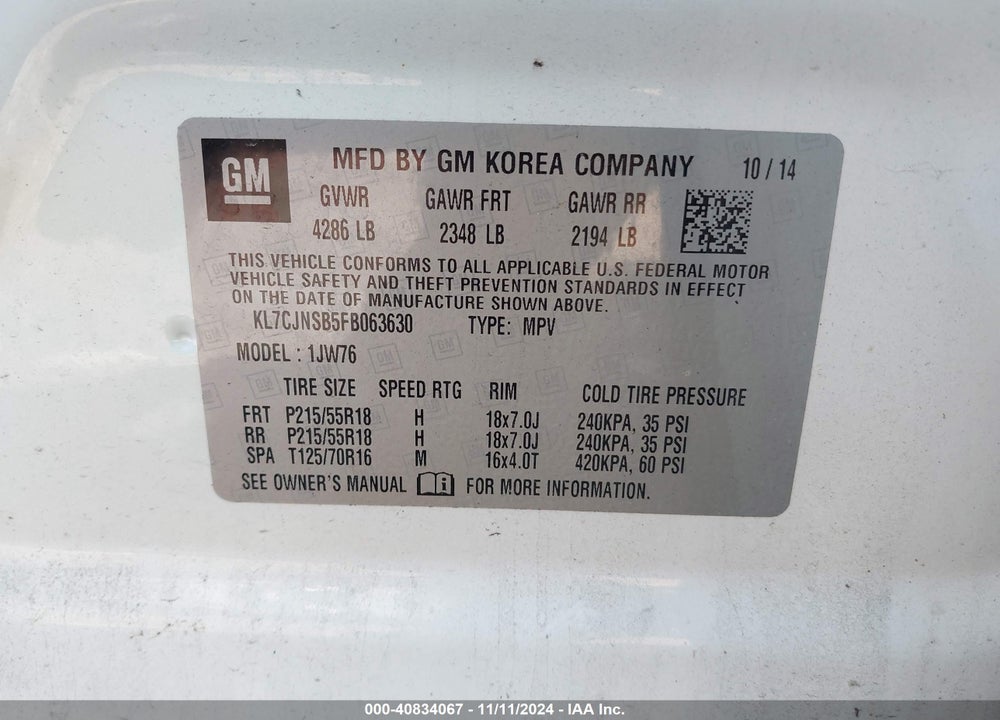 2015 CHEVROLET TRAX LTZ VIN: KL7CJNSB5FB063630