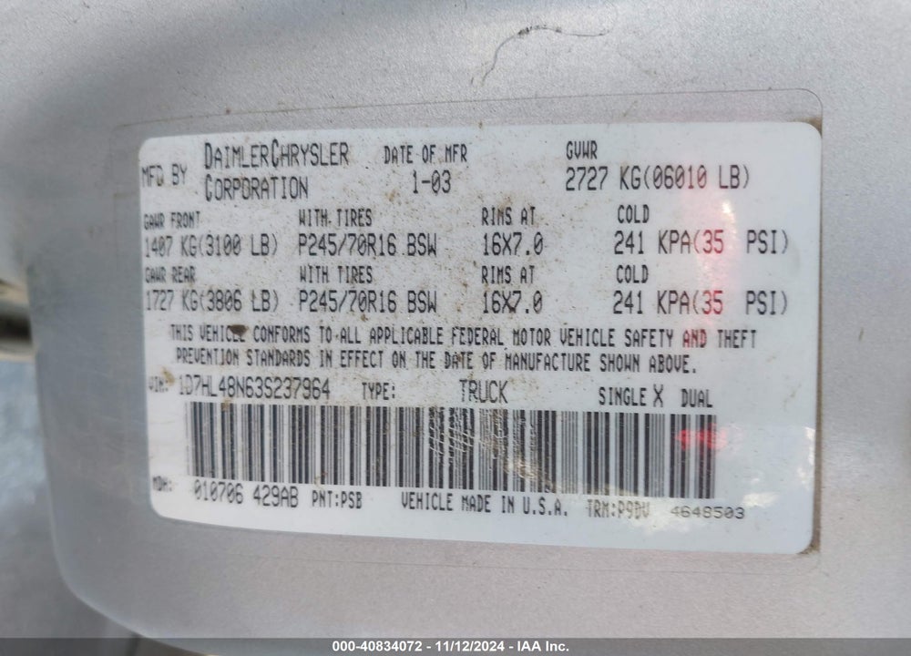 2003 DODGE DAKOTA SLT VIN: 1D7HL48N63S237964