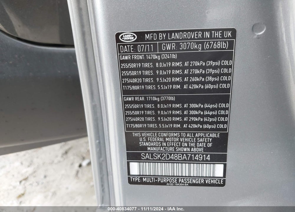 2011 LAND ROVER RANGE ROVER SPORT HSE VIN: SALSK2D48BA714914