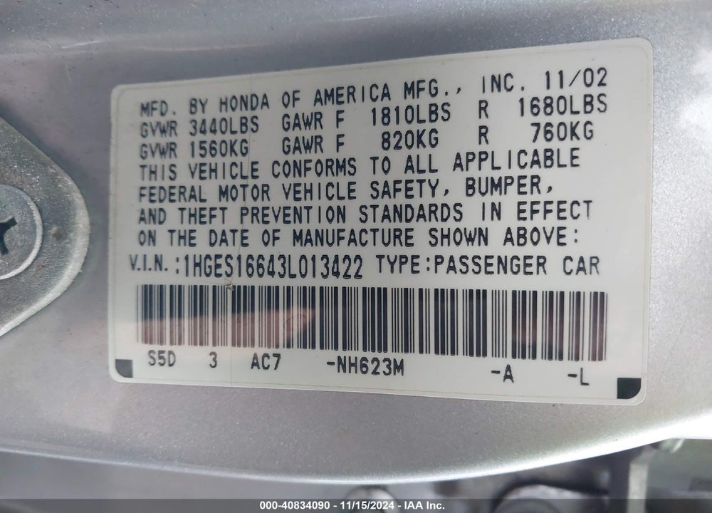 2003 HONDA CIVIC LX VIN: 1HGES16643L013422
