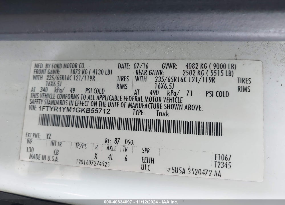 2016 FORD TRANSIT-250 VIN: 1FTYR1YM1GKB55712